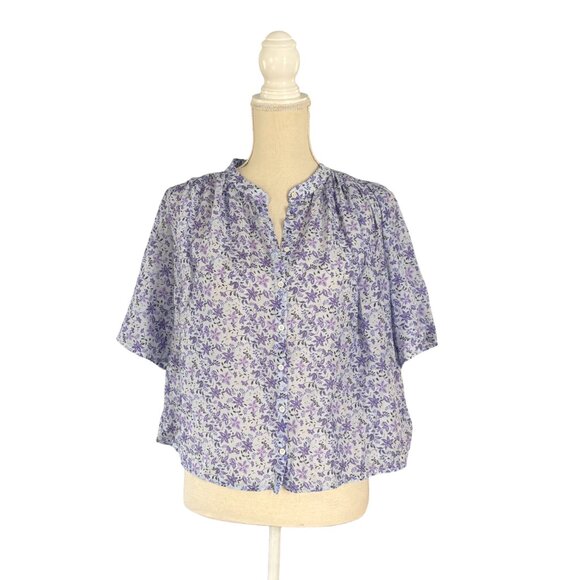 XiRENA Carys Shirt blue willow floral XS relaxed cotton silk purple blouse top - Picture 2 of 9